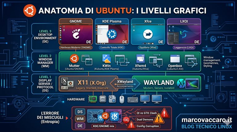 Anatomia di Ubuntu: i tre strati, X11, Wayland e l’errore dei miscugli